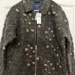 Abercrombie & Fitch Dark Olive Floral Zip Jacket with Tan Embroidery